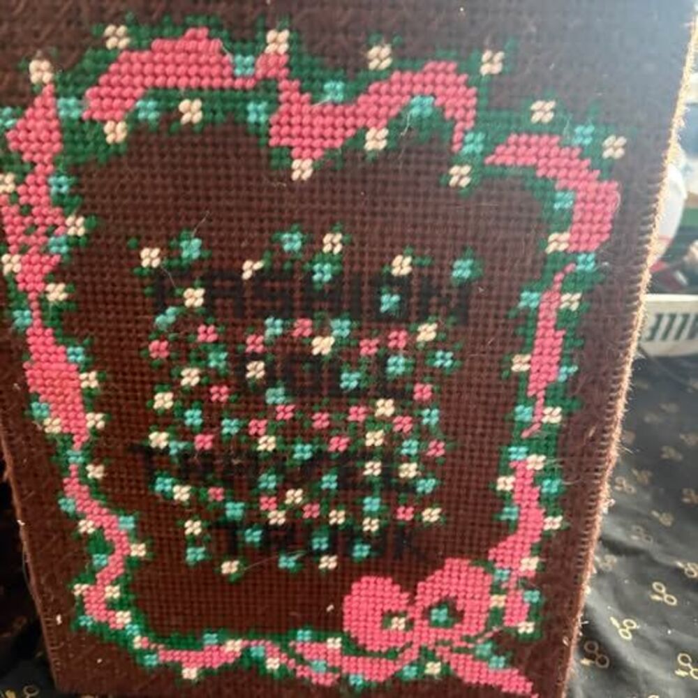 Vintage needlepoint cross stitch yarn art doll case closet cottage, granny core